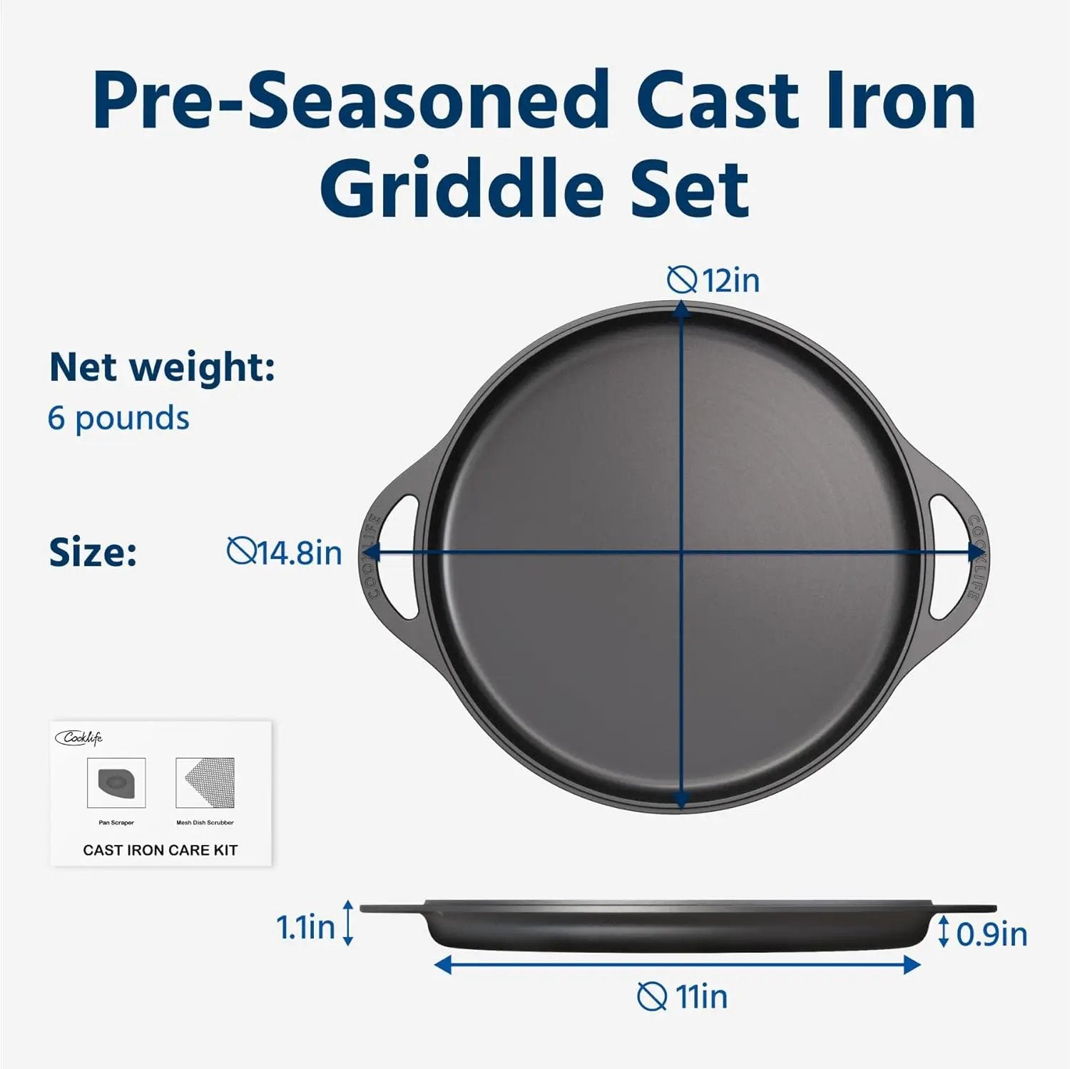 COOKLIFE 12 Inch Lightweight Pre-Seasoned Cast Iron Griddle - Smooth Polished Surface, Easy to Clean Cast Iron skillets Use in the Oven, on the Stove or Grill, Over a Campfire by GreenHaven Gardens