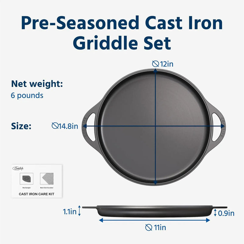 COOKLIFE 12 Inch Lightweight Pre-Seasoned Cast Iron Griddle with Cleaning Kit - Smooth Polished Surface, Easy to Clean Cast Iron skillets Use in the Oven, on the Stove or Grill, Over a Campfire by GreenHaven Gardens
