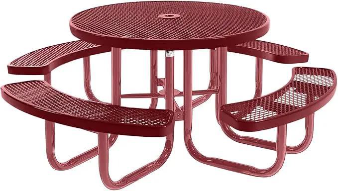 Heavy-Duty Portable Outdoor Picnic Table with Umbrella Hole, Expanded Metal Commercial-Grade Patio Furniture Made in America (46" Round Top, Burgundy with Burgundy Frames) by GreenHaven Gardens