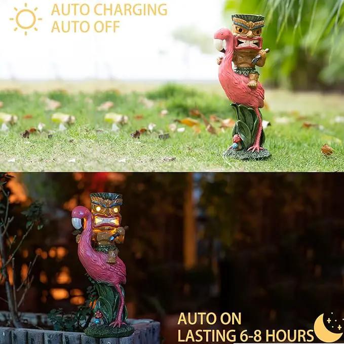 Solar Tiki Statue - Outdoor Statue - Solar Powered Garden Figurine Tiki Decoration for Bar, Patio, Balcony, Yard, Lawn, Table, Riding a Flamingo 13.66 Inches Tall by GreenHaven Gardens
