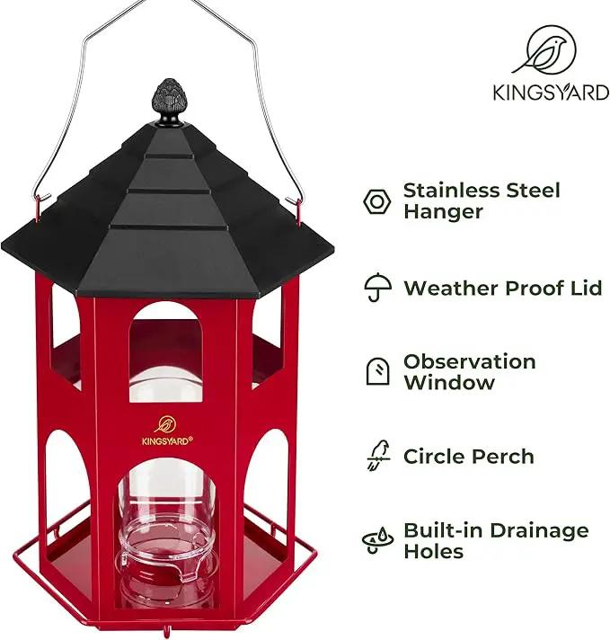 Kingsyard Metal Bird Feeder for Outdoor Hanging, Wild Bird Feeders with Circular Perch, Easy to Clean & Refill, 4 lbs Large Seed Capacity, Red by GreenHaven Gardens