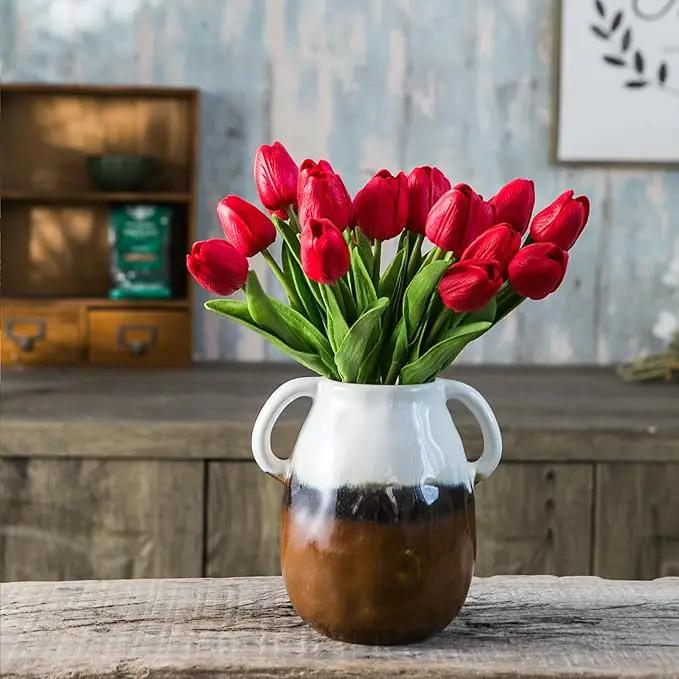 Multi Gradient Ceramic Vase with 2 Handles, Modern Farmhouse Decor, Rustic Terracotta Pottery, Decorative Flower Vases, Clay Small Vase, Centerpiece for Dining Table - 7 Inch Tall by GreenHaven Gardens