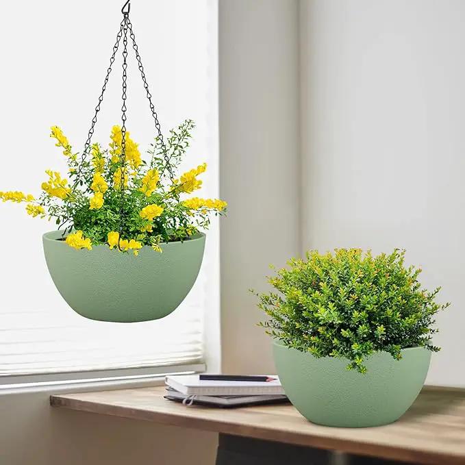 8 inch Small Hanging Planters Plant Pots for Indoor Outdoor Plants, 2 Pack Hanging Flower Pots with Drainage Holes and Chain for Garden Porch, Plastic Hanging Baskets for House Plants, Green by GreenHaven Gardens