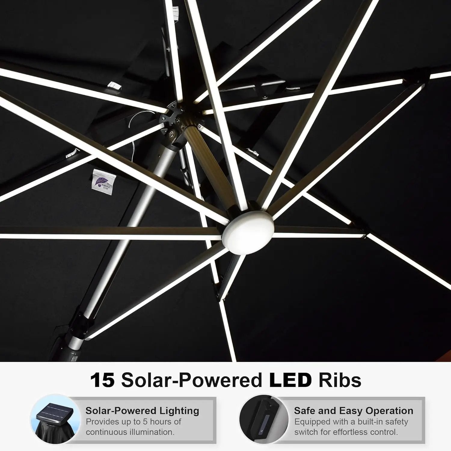 PURPLE LEAF 9' X 12' Double Top Deluxe Solar Powered LED Rectangle Patio Umbrella Offset Hanging Umbrella Outdoor Market Umbrella Garden Umbrella, Black by GreenHaven Gardens
