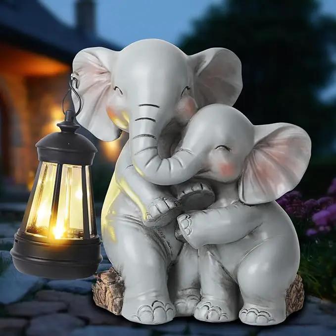 Solar Garden Decor - Mother Baby Elephant Statue with Solar Lantern 7" Resin Elephant Figurines Outdoor Yard Porch Lawn Patio Decor Housewarming Birthday Gift for Mom Grandma Women by GreenHaven Gardens