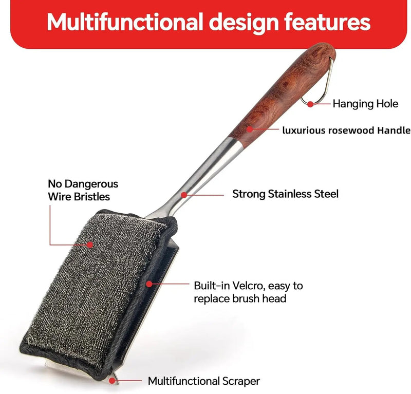 Bristle-Free Steam Cleaning Grill Brush,with Extended Luxurious Rosewood Handle and 1 Replacement Head,BBQ Grill Cleaning Brush Kit,Safe Grill Cleaner for Outdoor Grill,Gifts for Men/Dad by GreenHaven Gardens