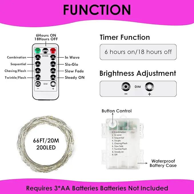 66Ft 200LED Fairy Lights Battery Operated with Remote, Waterproof Christmas String Lights with Timer for Indoor & Outdoor, Twinkle Light for Girl's Room Honeymoon Mother's Day Valentines Decor (Pink) by GreenHaven Gardens