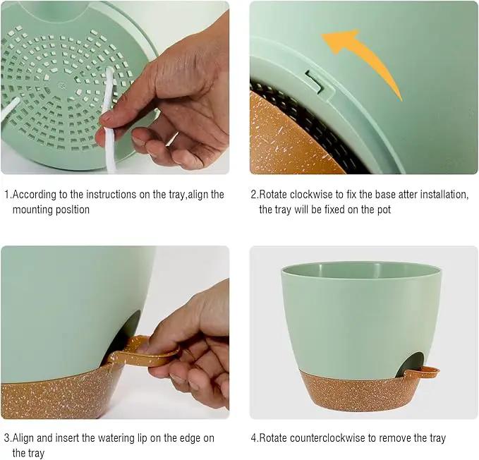 10/9/8 inch Self Watering Pots, Set of 3 Plastic Planters with Mesh Drainage Holes and Deep Reservoir for Indoor Outdoor Garden Plants and Flowers, Green with Brown by GreenHaven Gardens