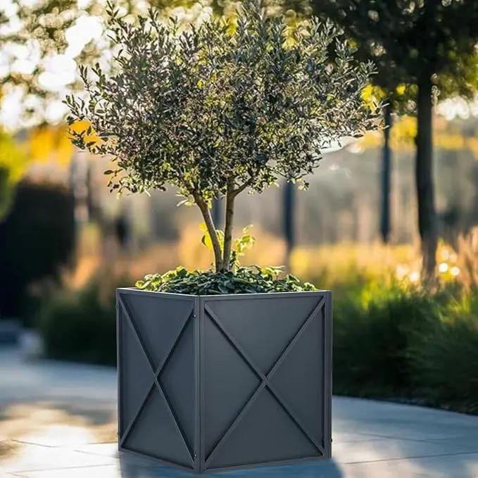 BAYN Metal Square Planter Box Tall Planters for Outdoor Plants Modern Heavy Duty with Drainage Holes for Outside Indoor Patio Deck - Grey, 17”x 17”x 18” by GreenHaven Gardens