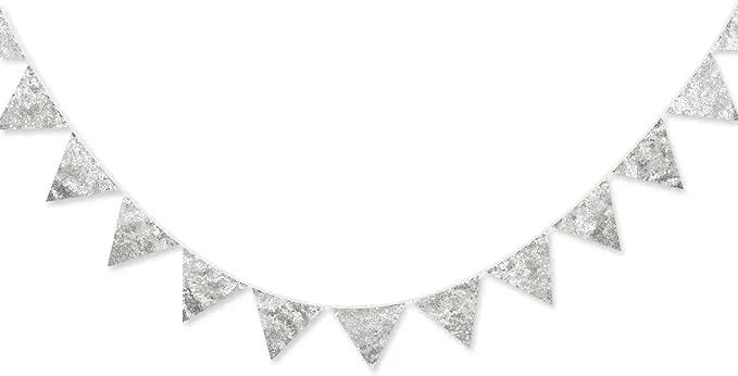 Pinkblume Double Sided Sequin Fabric Triangle Pennant Banner Flag Bunting Garland for Silver Theme Nursery Classroom Home Bedroom Wall Holiday Christmas Decor by GreenHaven Gardens