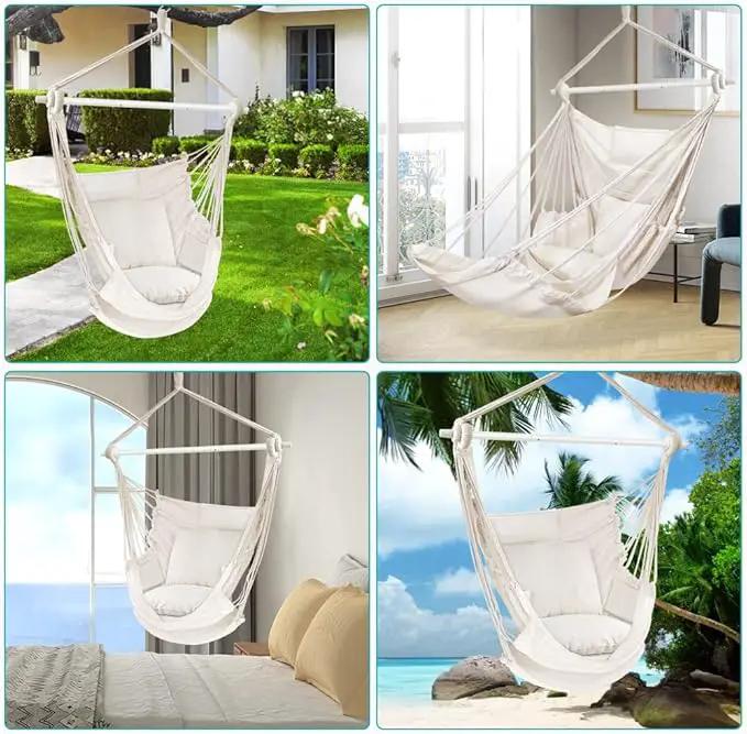 Outerman Hammock Chair, Hanging Chair with 3 Cushions and Foot Rest Support, Sturdy Metal Spreader Bar Max 440 Lbs, Swing Chair for Bedroom, Indoor & Outdoor, Patio, Porch or Tree（White） by GreenHaven Gardens