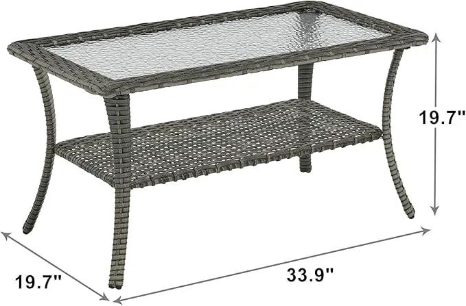 Patio Tables Outdoor Coffee Table - Wicker Rattan Coffee Tables with 2-Tier Storage Shelf Glass Top for Outside Proch Deck Balcony Garden Rectangle Mixed Grey by GreenHaven Gardens