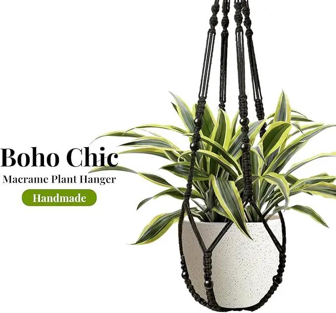 Macrame Plant Hanger Indoor Set of 2 with 4 Hooks, Indoor Outdoor Hanging Planter for Plants Holder with Decorative Wood Beads & No Tassels, Boho Home Decor, 35 Inch Black (Pots Not Included) by GreenHaven Gardens