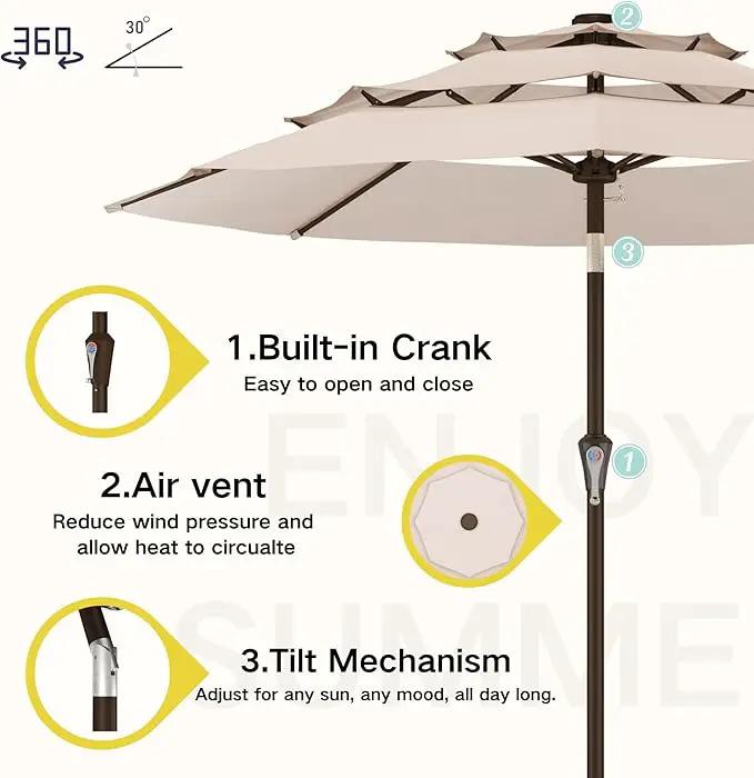 Kingdura 9ft 3-Tier Patio Umbrella, Outdoor Table Umbrella with Easy Crank & Tilt, 8 Reinforced Ribs, UV Protection for Deck, Pool, Market, Backyard (Beige) by GreenHaven Gardens