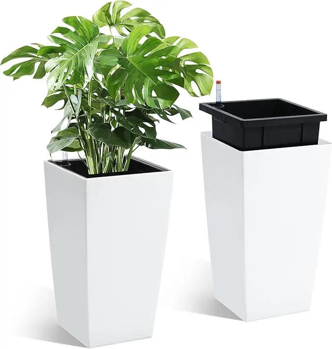 16" Tall Planters Set of 2, Outdoor＆Indoor Black Planter Pots, High Front Porch Planter Pots with Drainage Holes＆Water Level Monitor＆Inner Bucket, Automatic Watering,White by GreenHaven Gardens