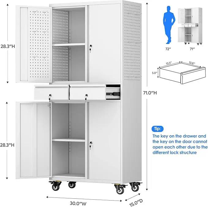 Metal Garage Storage Cabinet with Locking Doors and 2 Adjustable Shelves, Rolling Tool Storage Cabinet with 4 Wheels and 2 Drawer for Garage, Warehouse, White, Assembly Required by GreenHaven Gardens