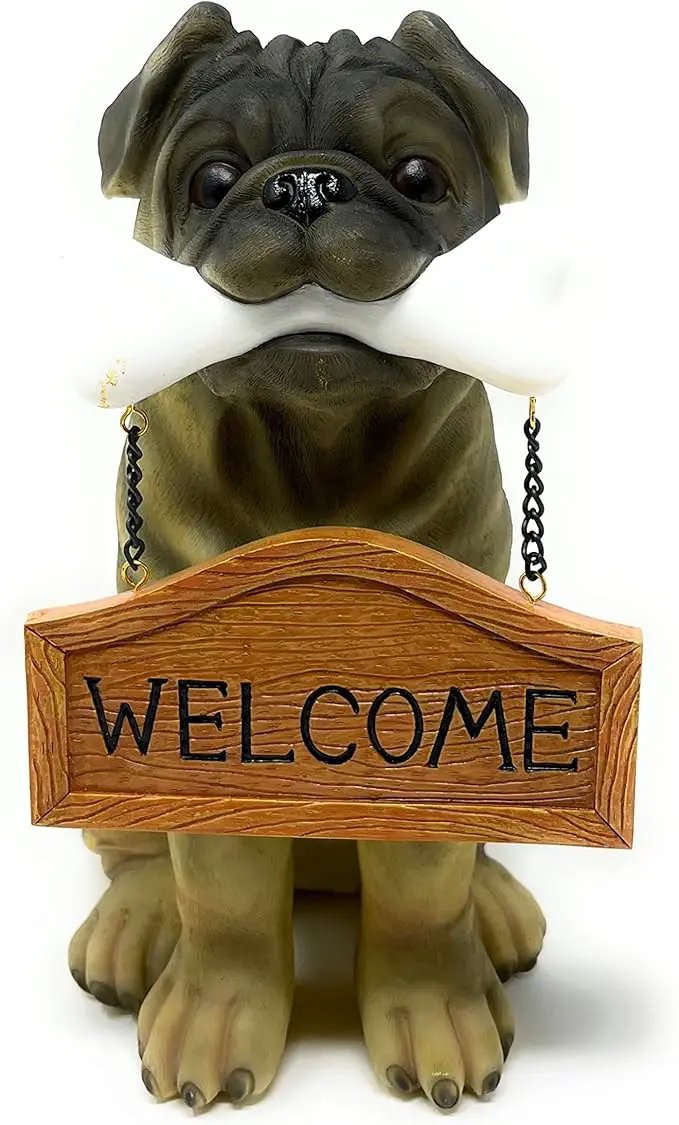 Nature's Mark Pug Dog Puppy Statue with Reversible Welcome Sign and Go Away Sign Resin Garden Decor 12" H by GreenHaven Gardens
