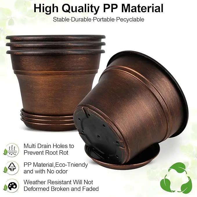 Plant Planters Pots Set of 6 Pack 6 Inch, Plastic Flower Pot for Indoor Plants with Drainage Holes & Trays, Resin Decorative Container Sets with Saucer for House Outdoor Garden Planters Dark Gold by GreenHaven Gardens