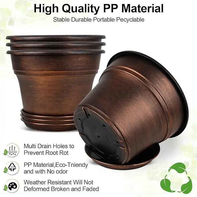 10 Inch Planters Plant Pots Indoor Outdoor, 4 Pack Plastic Flower Pot for Indoor Plants with Drainage Holes & Trays, Resin Decorative Container Sets with Saucer for House Garden Copper by GreenHaven Gardens