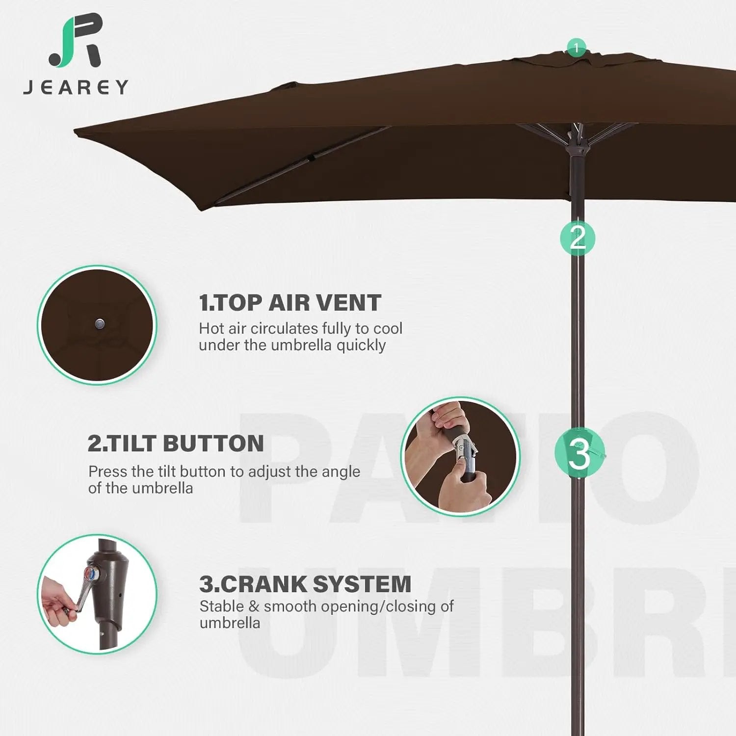 JEAREY 6.5x10 ft Rectangular Patio Umbrellas Outdoor Market Umbrella with Push Button Tilt and Crank, Rectangle Table Umbrella 6 Sturdy Ribs UV Protection for Pool Garden Backyard Deck, Brown by GreenHaven Gardens