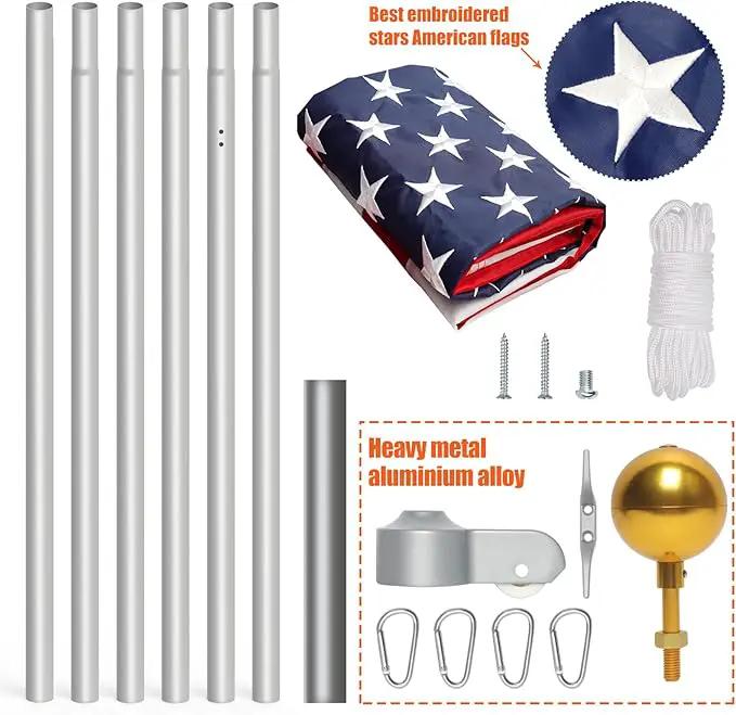 NELXINJO 25FT Sectional Flag Pole Kit, Heavy Duty Aluminum Outdoor In-Ground Flagpole, Gold Ball Top, 3x5 USA Flag for Residential Commercial Outdoor Garden(25FT, Silver) by GreenHaven Gardens