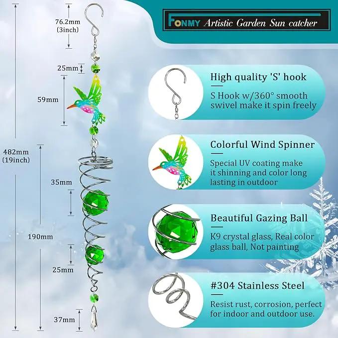 FONMY Hummingbird Gazing Ball Spiral Wind Spinner Sun Catcher Rainbow Maker Silver Spiral W/ K9 Green Crystal Ball Tree Hanging Ornament Indoor Outdoor Garden Decor. -19.5inch H by GreenHaven Gardens