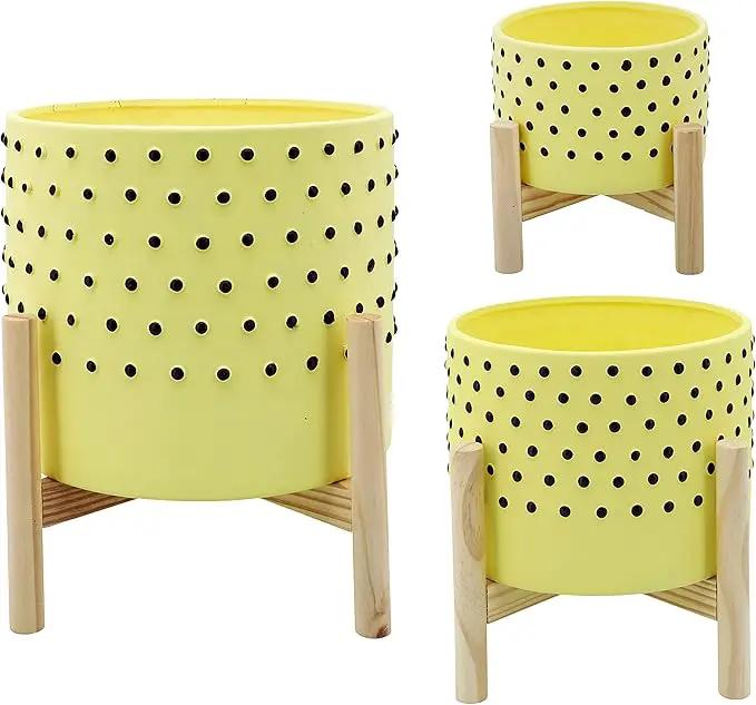 Sagebrook Home 8" Planter on Stand - Ceramic Planter on Wooden Base - Contemporary Yellow and Black Dotted Design Indoor or Outdoor Plant Stand Decor by GreenHaven Gardens