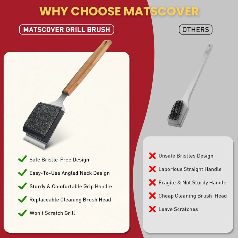Grill Brush BBQ Cleaner Brush - Barbecue Brush for Outdoor Grill with 1 PCS Replacement Cleaning Head, Grill Cleaning Brush Bristle Free with Stainless Steel Scraper & Wooden Handle for Most Grate by GreenHaven Gardens