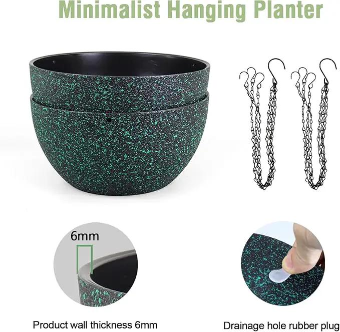 8 inch Small Hanging Planters for Indoor Outdoor Plants, 2 Pack Hanging Flower Pots with Drainage Holes and Chain, Plastic Hanging Baskets for House Plants, Black with Green Speckles by GreenHaven Gardens