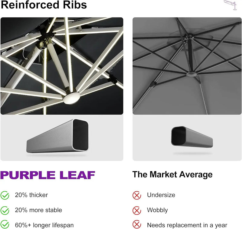 PURPLE LEAF 9 Feet Double Top Deluxe Solar Powered LED Square Patio Umbrella Offset Hanging Umbrella Outdoor Market Umbrella Garden Umbrella, Black by GreenHaven Gardens
