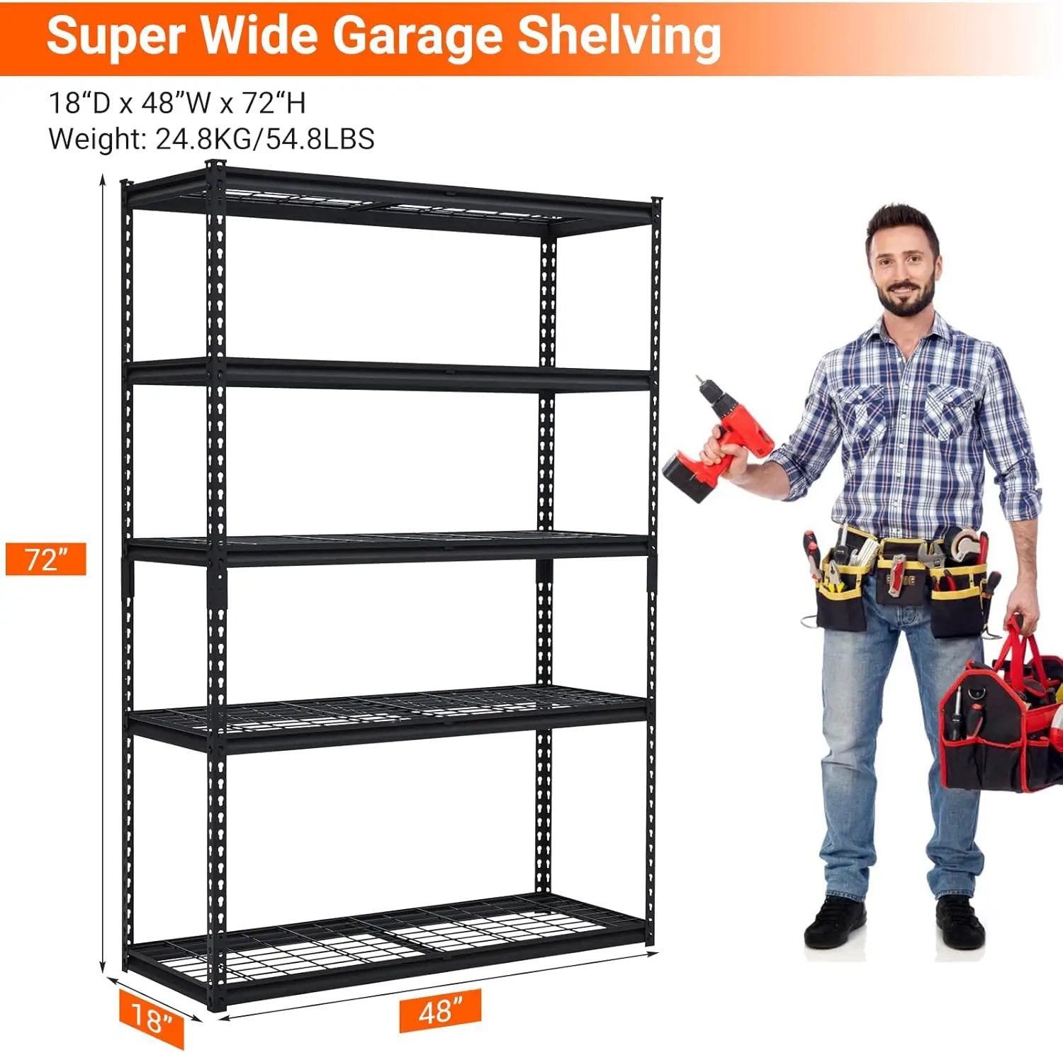 2500 LBS Storage Shelves, 5 Tier Garage Shelving, Heavy Duty, Adjustable Metal Shelving Unit, Industrial Utility Shelf Rack for Garage, Basement, Pantry, 72" H x 48" W x 18" D, Black by GreenHaven Gardens