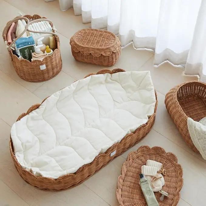 BEBE BASK The Original Scalloped Basket Set Of 2 - Small Scallop Basket - 15 x 10 x 6 In - Hand-Woven & Award-Winning - Elegant Wicker With Scalloped Edge Lid - Nursery Storage - (Mocca)