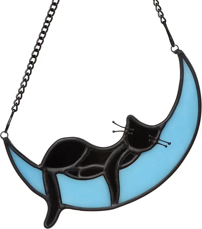 Black Cat Decor On Blue Moon Stained Glass for Window, Crystals Suncatchers for Window Ball Prism Rainbow Maker Chain Easy Hanging, 2 Balls and 1 White Gift Boxe for Cat Lovers Halloween Decor by GreenHaven Gardens
