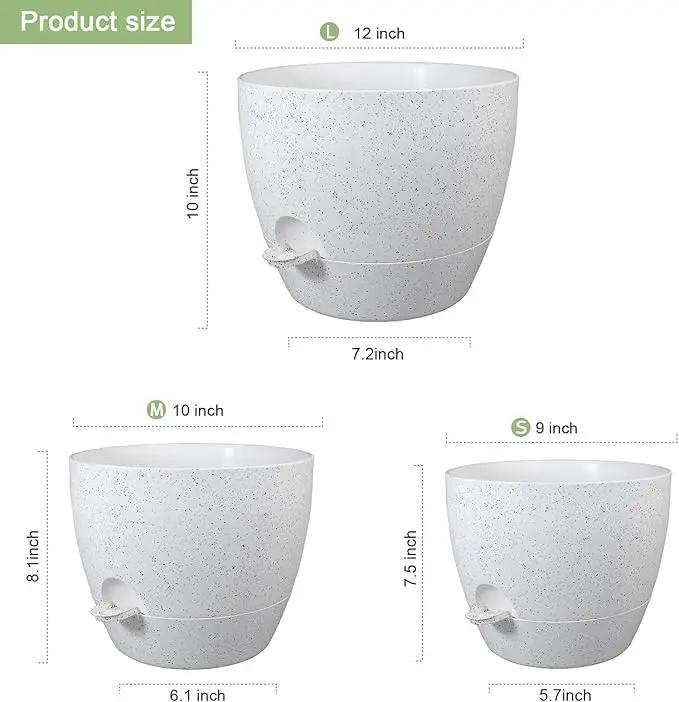 12/10/9 inch Large Self Watering Pots, Plant Pots with Mesh Drainage Holes for Indoor Outdoor Garden Plants, Flower Pots with Deep Reservoir, Set of 3 Plastic Planters, Specked White by GreenHaven Gardens