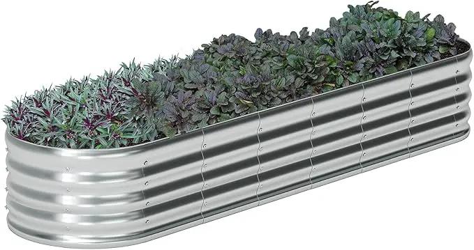 zizin Galvanized Raised Garden Bed Metal Oval Raised Garden Beds Outdoor Planter Box for Vegetables (9x3x1.3FT, Silver) by GreenHaven Gardens