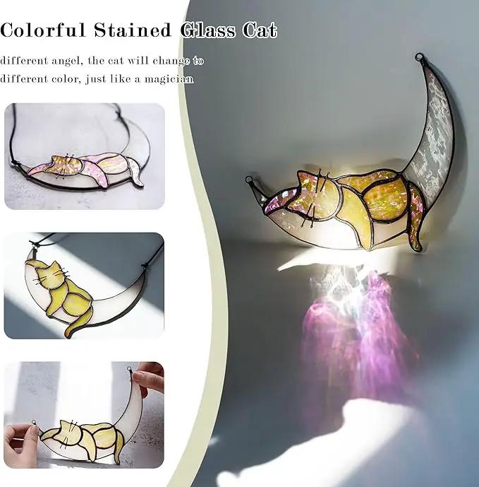 HDCRYSTALGIFTS Orange Cat On Moon Stained Glass Window Hangings,Tabby Cat Decoration suncatcher Hanging Ornament Gift for Mom,Cat Memorial Gifts for Cat Lovers, Pet Loss Sympathy Gift by GreenHaven Gardens
