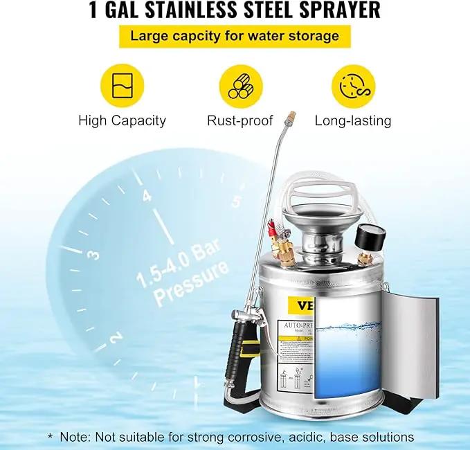 Happybuy 1 Gallon Stainless Steel Pump Sprayer, 12" Wand & 3FT Reinforced Hose, Pressure Gauge, Safety Valve & Adjustable Nozzle, Garden Weed Sprayer for Lawn, Gardening, Sanitizing by GreenHaven Gardens