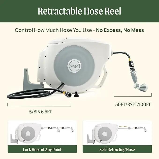 Vego Garden Hose Reel Retractable Hi-Flow x 100ft Wall Mounted Hose Reel Automatic Rewind, Any Length Lock with 9 Patterns Sprayer Nozzle, Quick Connector and Adjustable shot Nozzle-Tidepool Blue by GreenHaven Gardens