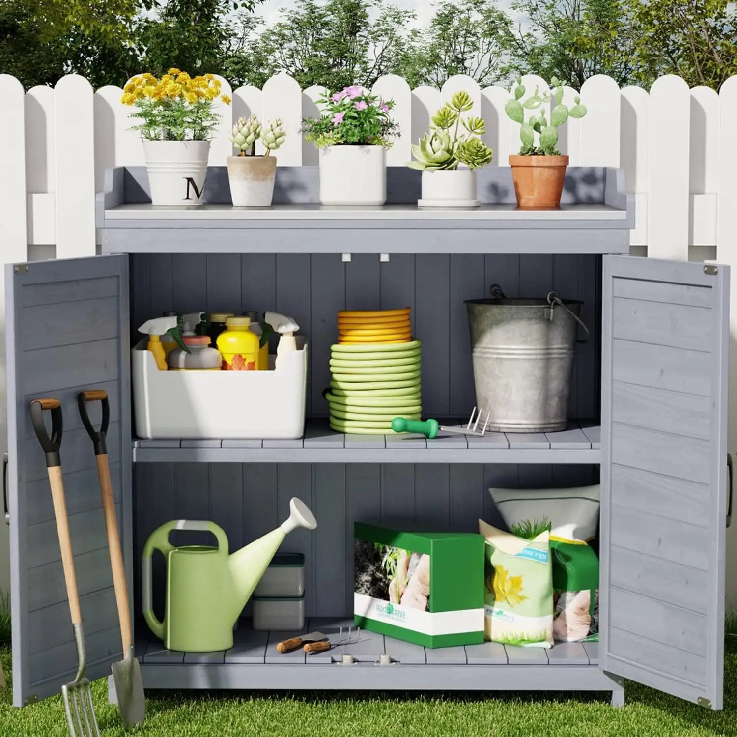 Gizoon Outdoor Potting Bench with Metal Tabletop, Outdoor Garden Patio Wooden Storage Cabinet with Adjustable Shelf, Double Doors Garden Work Bench for Backyard, Patio, Lawn - Grey by GreenHaven Gardens