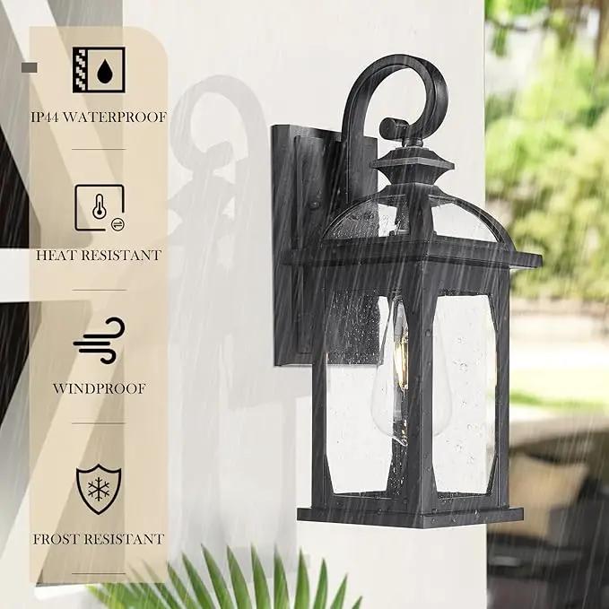 zeyu 2 Pack Outdoor Wall Lantern for Porch, 15 Inch Patio Wall Light Fixture Exterior Lights for House, Die-Cast Aluminum, Black Finish with Seeded Glass, ZD100B-2PK BK by GreenHaven Gardens