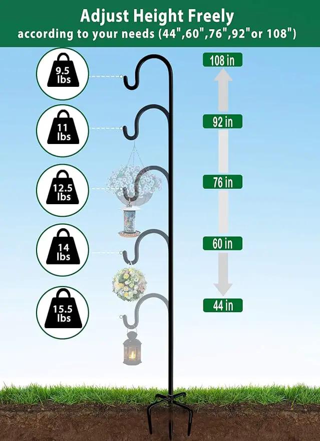 Artibear Adjustable Outdoor Shepherd Hook Stand with 5 Prong Base, 108 Inches Tall 3/5 in Thick, Shiny Black (2 Packs) by GreenHaven Gardens