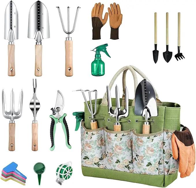 Garden Tool Set 12 Pieces Gardening Tools Stainless Steel Heavy Duty, Outdoor Hand Tools with Floral Organizer Handbag, Succulent Tools,Gardening Gifts for Women Men Beginners by GreenHaven Gardens
