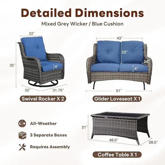 4 Piece Patio Furniture Set - Outdoor Glider Bench with Swivel Rocker Chairs and Coffee Table, High Back Small Outdoor Conversation Furniture Sets for Deck Sunroom Balcony Backyard by GreenHaven Gardens