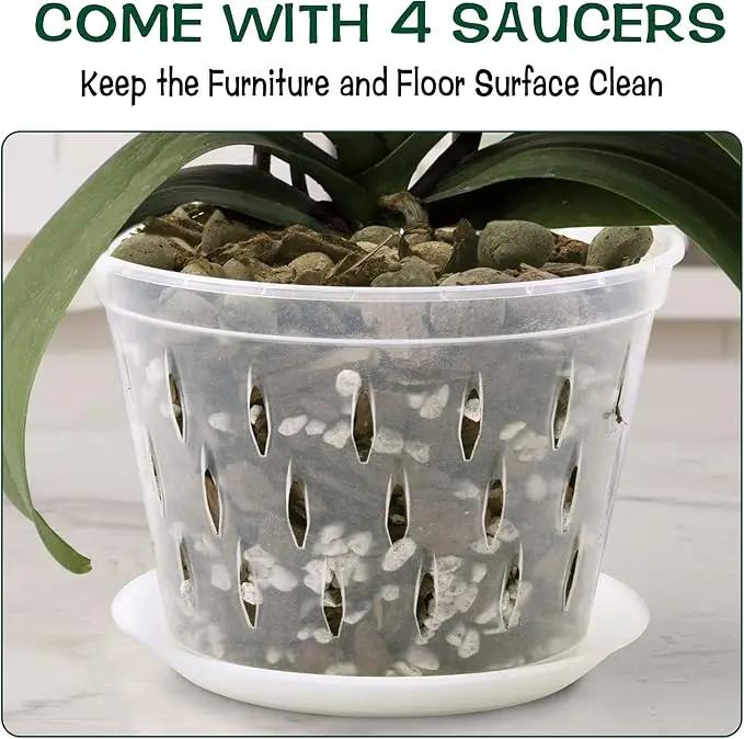 Orchid Pot, 8 Inch 4 Pack Orchid Pots with Holes and Saucers, Clear Plastic Orchid Pots by GreenHaven Gardens