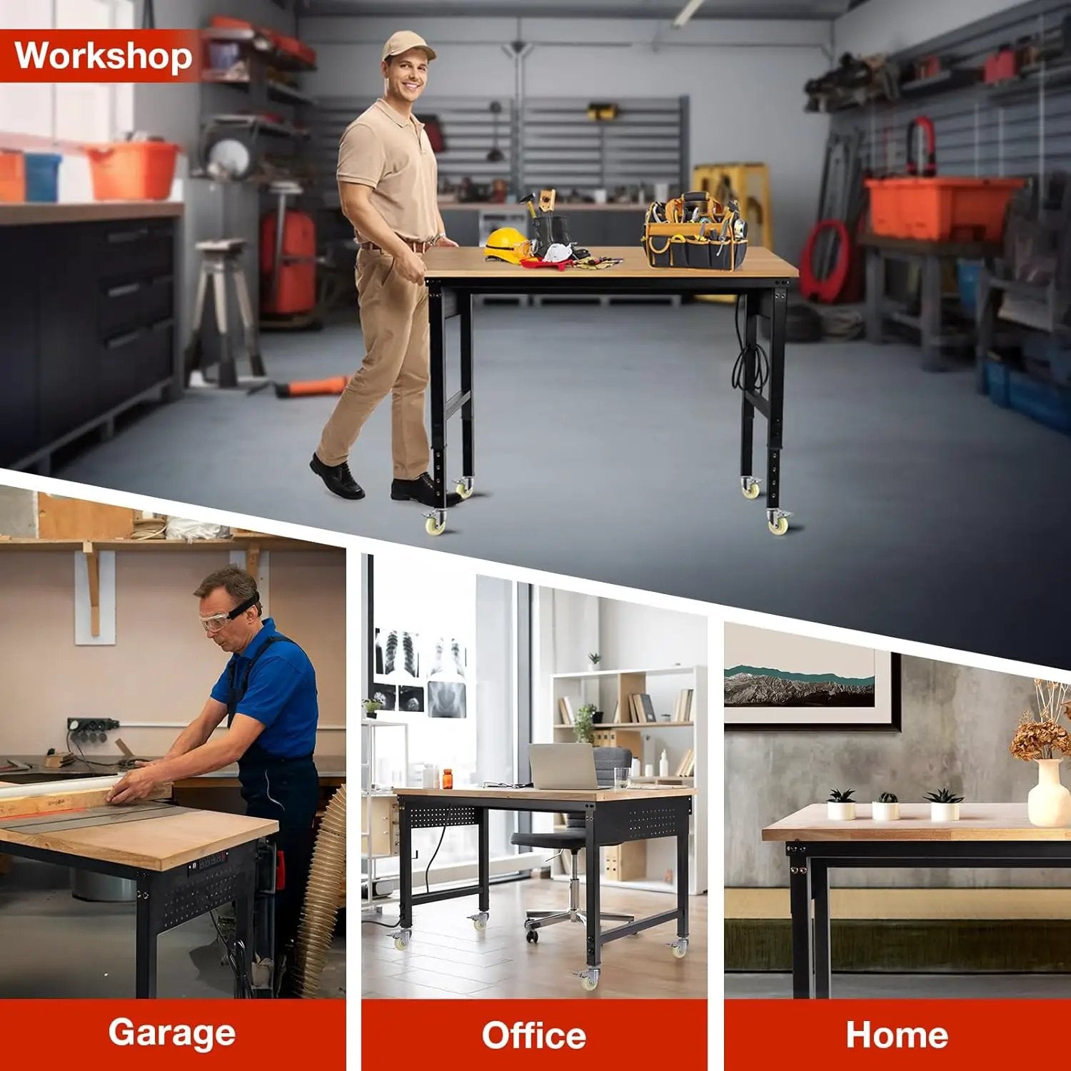 48" L×24”W Adjustable Workbench with Wheels, 28”-40”Height Heavy Duty Table 2000 LBS Load Capacity, Work Bench with Power Outlet & Pegboard, Rubber Wood Work Table for Garage, Office, Workshop by GreenHaven Gardens