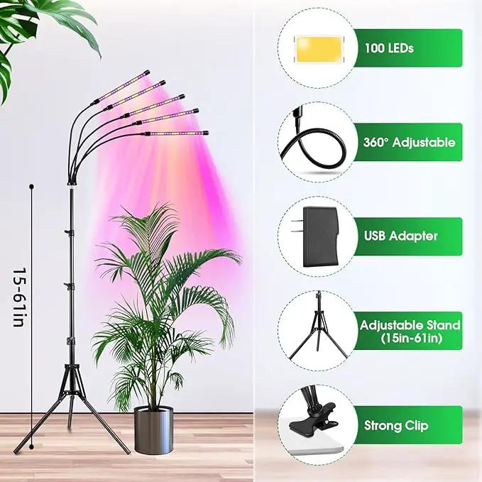 wolezek Grow Lights for Indoor Plants, Full Spectrum LED Plant Grow Light with Adjustable Stand and Sturdy Clip, 5-Heads Plant Light with Auto 6/12/16H Timer, 3 Light Modes, 5 Levels Dimmable by GreenHaven Gardens