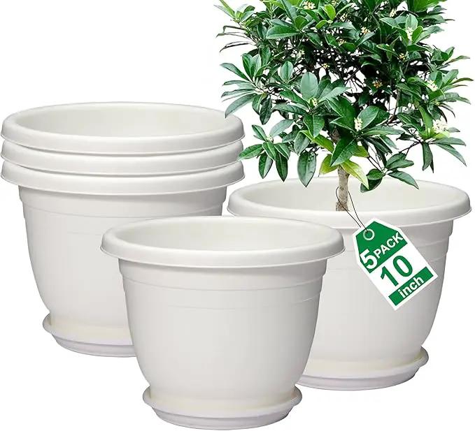 5 Packs 10 inch Plant Pots + Saucer, Planters for Indoor & Outdoor Plants with Drainage Holes | Plastic Flower Pots, Large Planter (White, 10 inch) by GreenHaven Gardens
