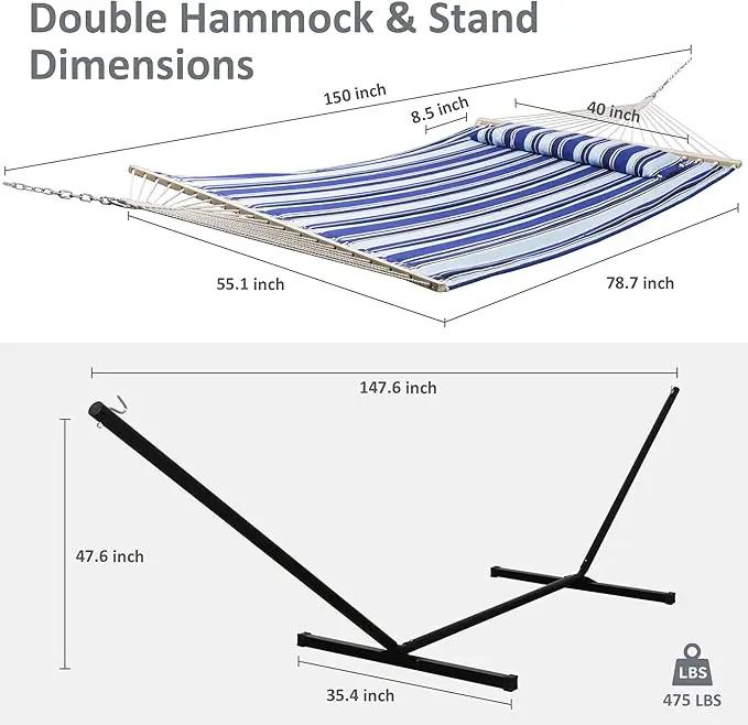 SUNCREAT Two Person Hammock with Stand Heavy Duty, Free Standing Hammocks Outdoors for 2 Person, Max 475lbs Capacity, Blue Stripes by GreenHaven Gardens