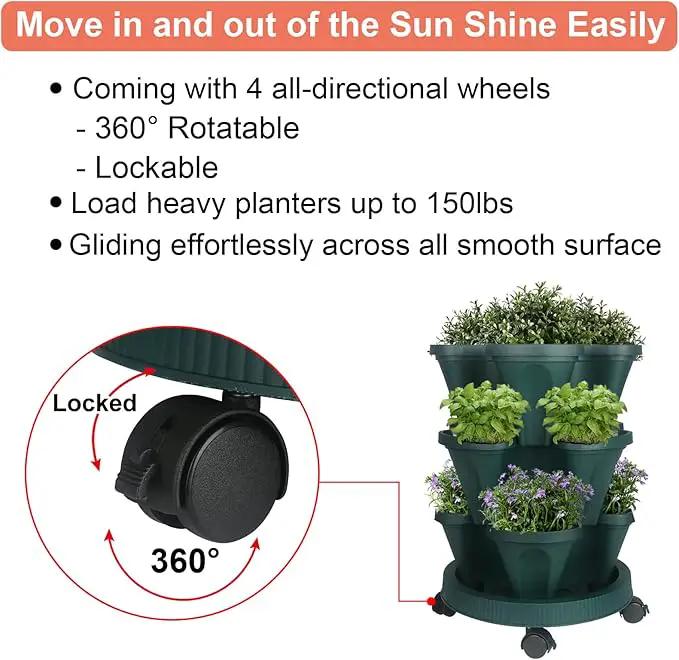 Vertical Planter 3 Tier Stackable Planters Garden Planters Strawberry Herb Flower and Vegetable Planter Indoor Outdoor Gardening Pots with Removable Wheels and Tools by GreenHaven Gardens