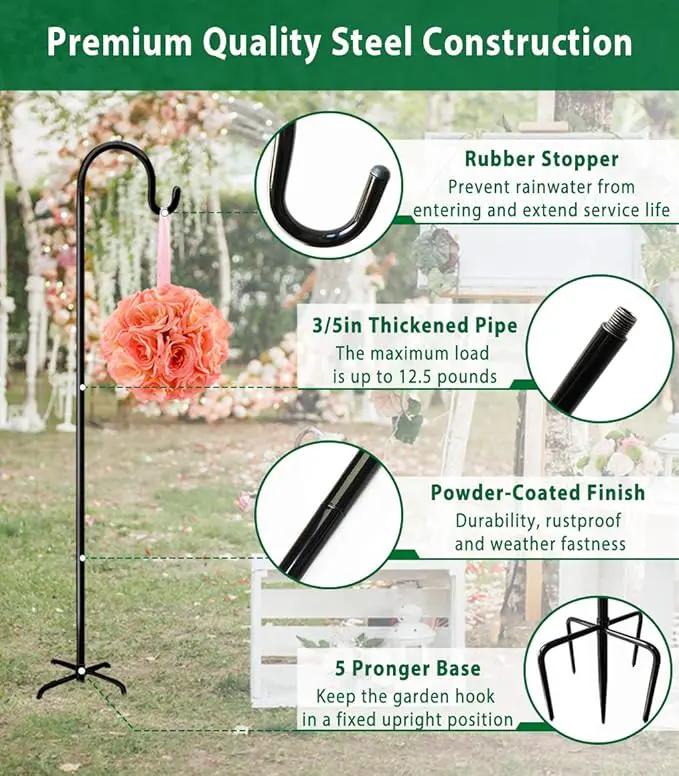 Artibear Adjustable Outdoor Shepherd Hook Stand with 5 Prong Base, 76 Inches Tall 3/5 in Thick, Shiny Black (1 Packs) by GreenHaven Gardens